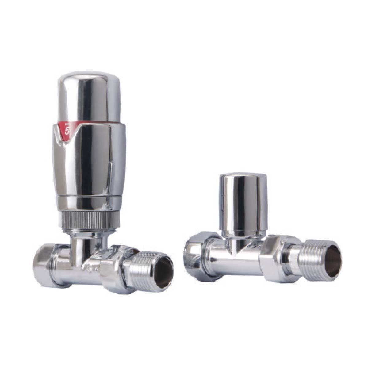 Scudo Designer straight thermostatic radiator valve twin pack, chrome finish