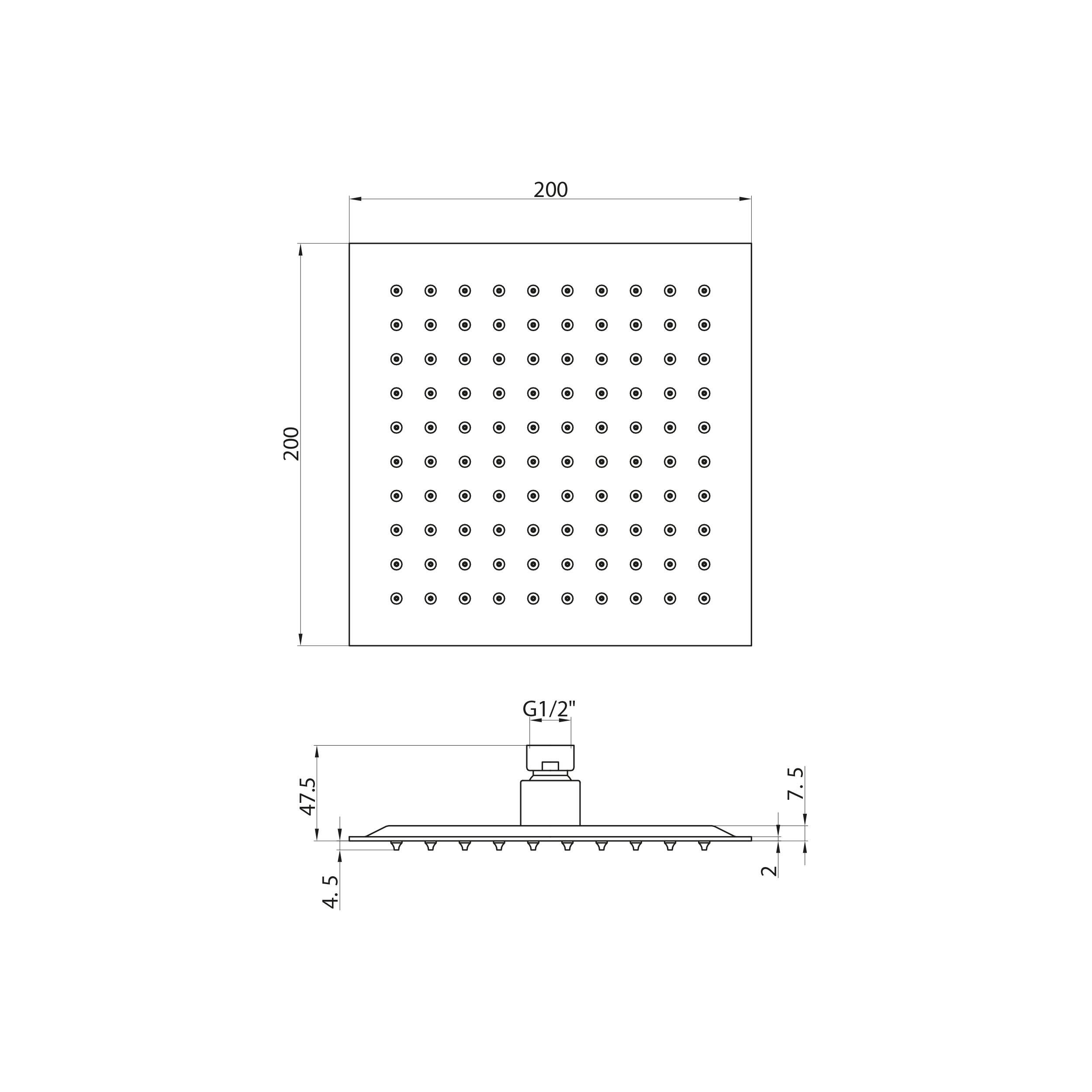 Scudo Square 200mm Stainless Shower Head in black