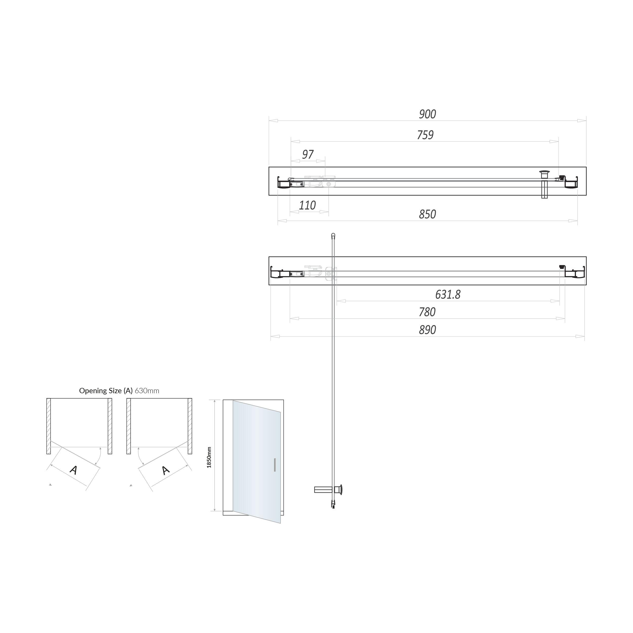 Scudo S6 900mm pivot shower door, 1900mm high, 6mm clear glass, brushed brass frame