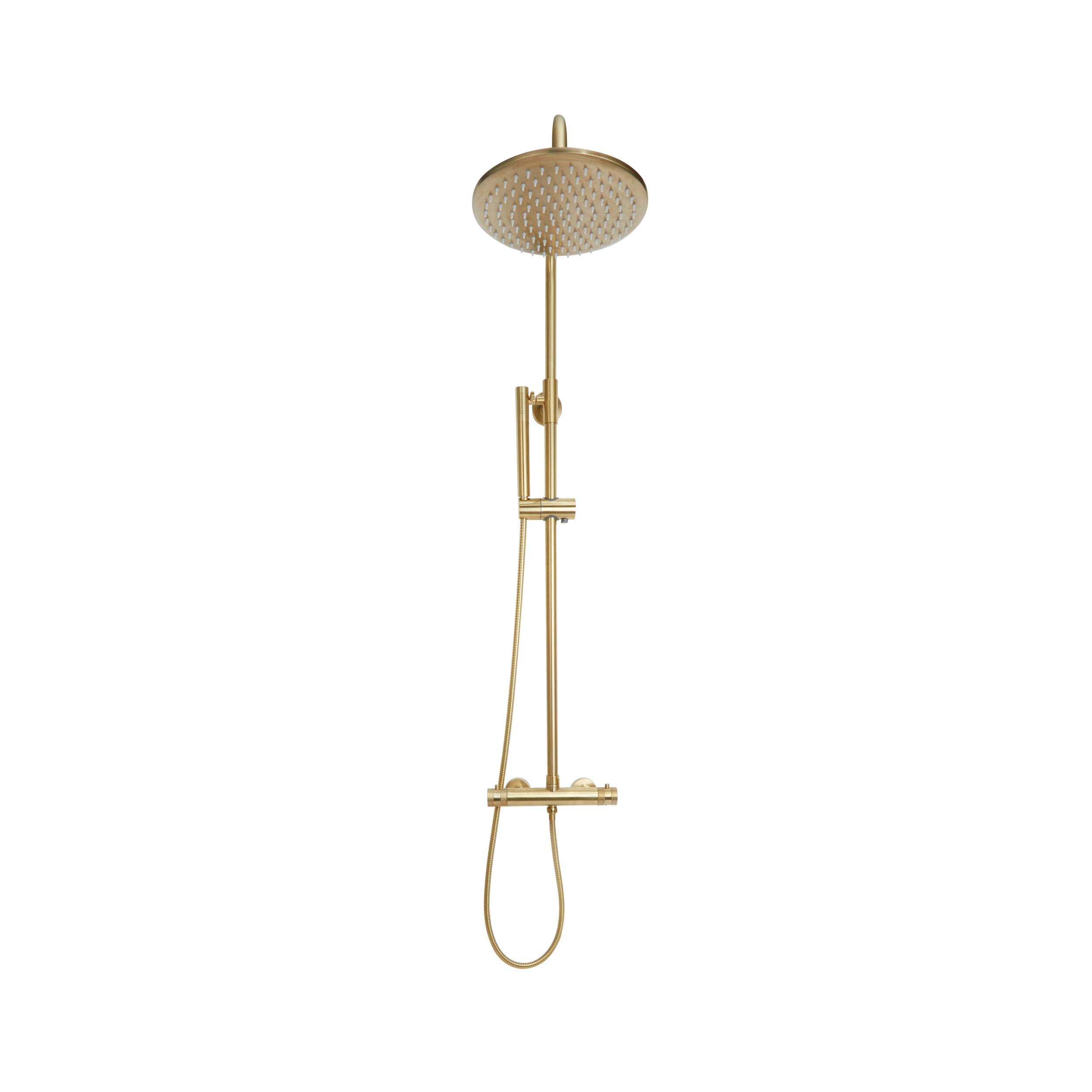 Scudo Core round rigid riser shower in brushed brass finish