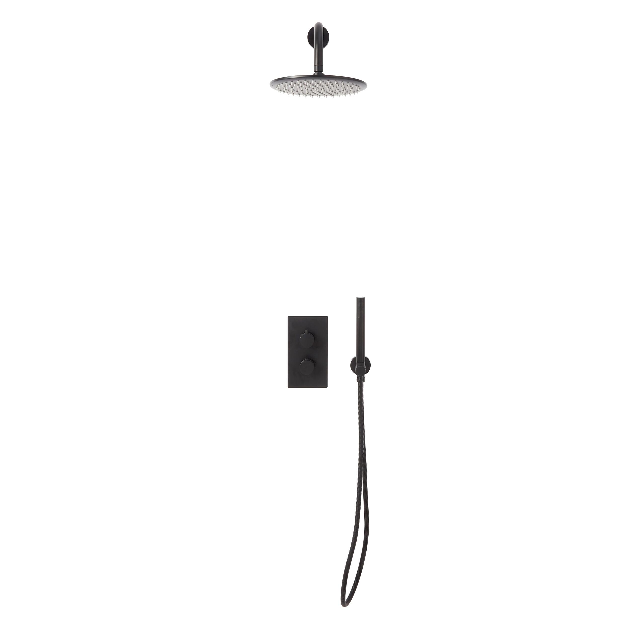 Scudo Core Matt Black complete shower system with round handle, shower arm, drench head, and shower handset with mounting bracket