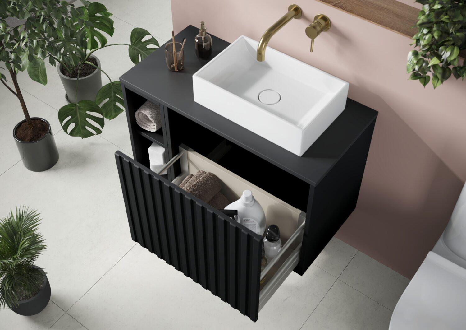 Scudo Alfie matt black wall hung side storage unit, 200mm width, 500mm height