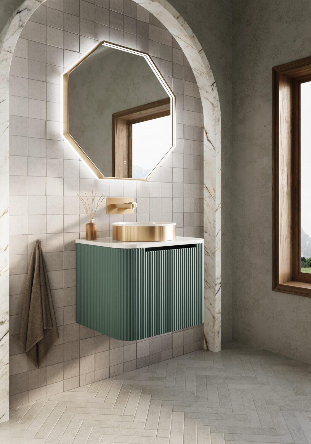 Scudo Linea wall hung vanity unit in Reed Green MFC finish with single soft close drawer, 590mm wide