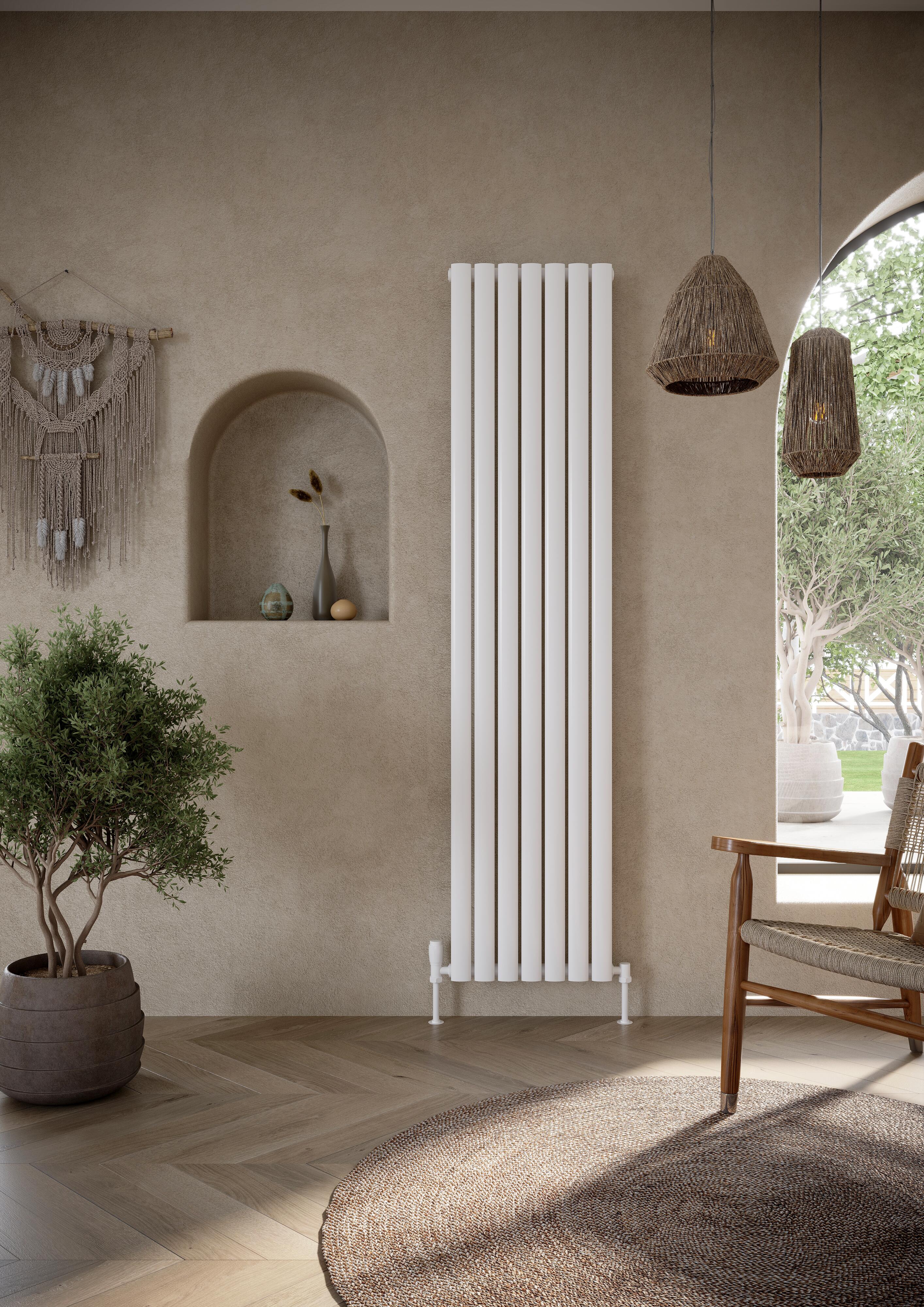 Scudo Apex white designer radiator, single panel, 1800mm height x 413mm width, vertical contemporary design