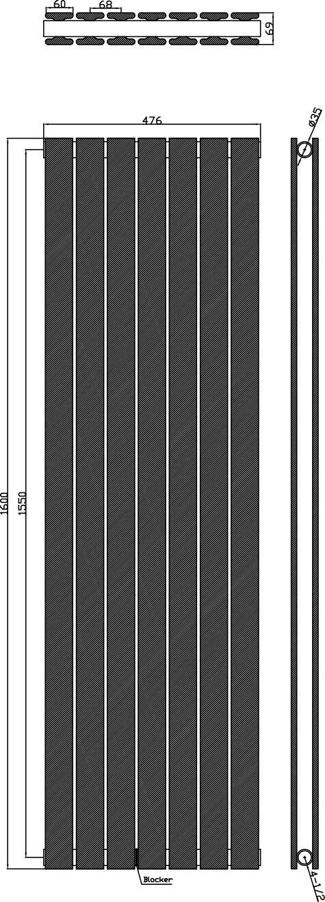Scudo Bravo anthracite designer radiator, double panel, 1600mm height x 476mm width