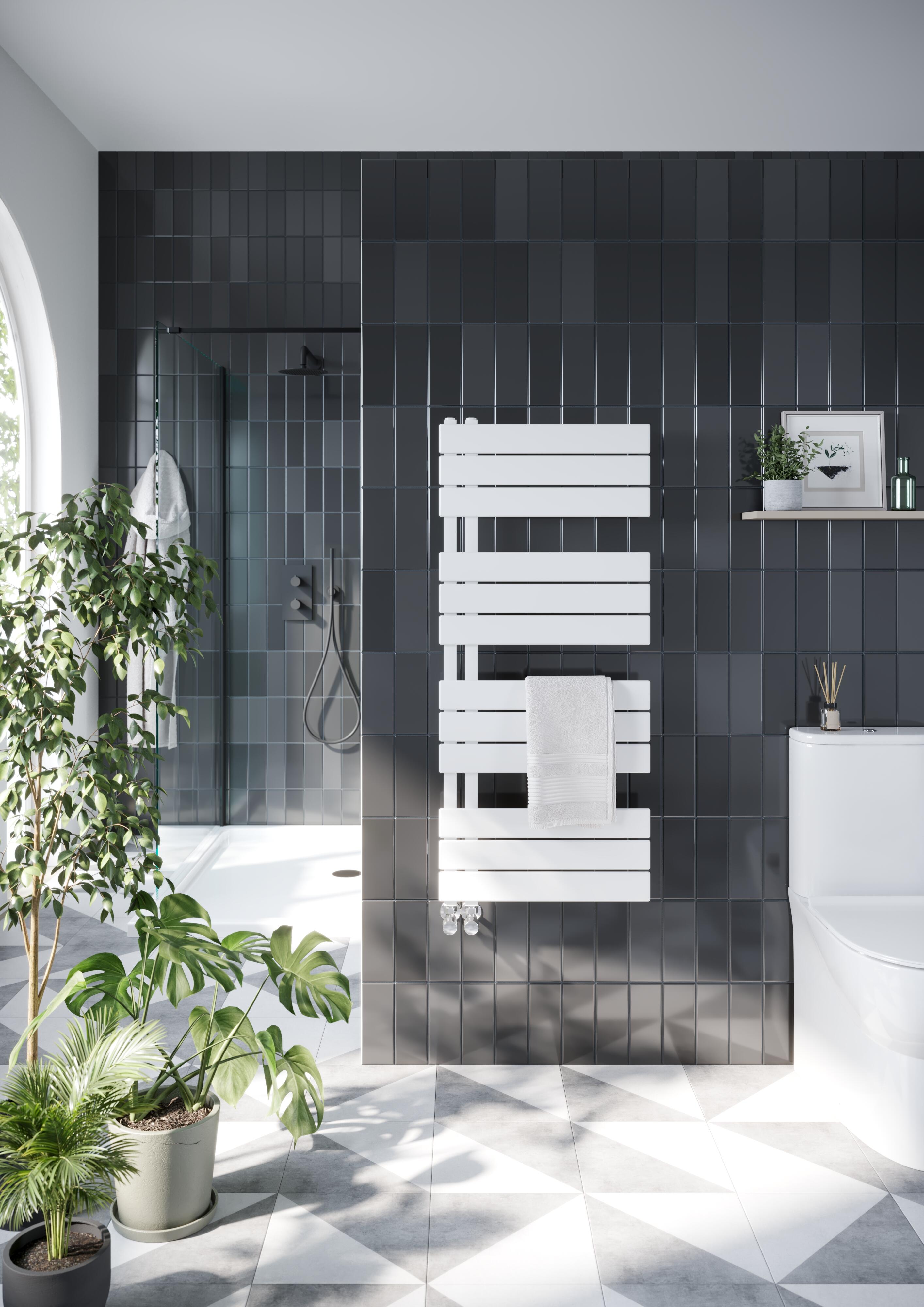 Scudo Thames white designer towel radiator, 1150mm height x 600mm width, vertical steel construction
