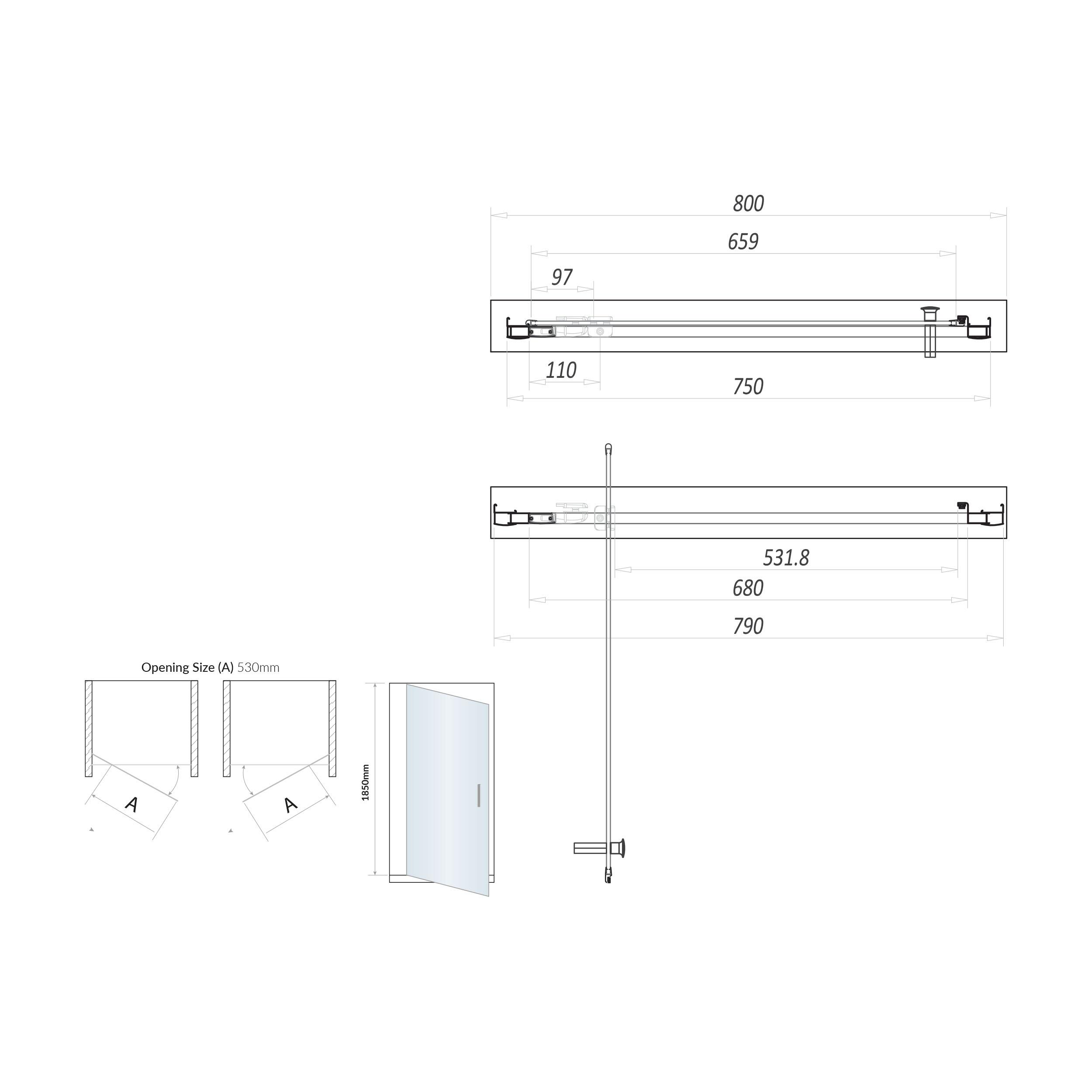 Scudo S6 800mm black frame pivot shower door with 6mm clear glass, 1850mm height