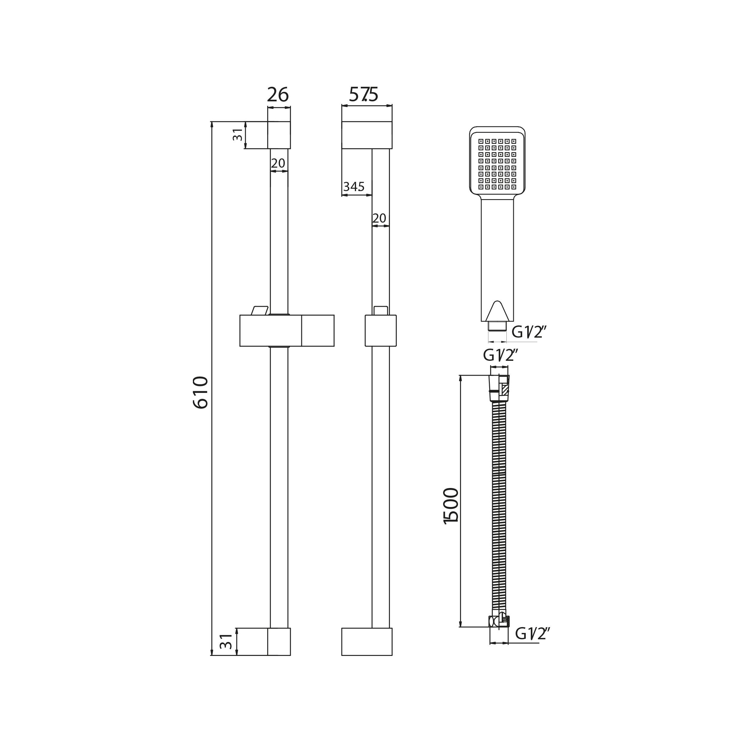 Scudo Square Slide Rail Kit with Paddle Handset, Chrome finish, Steel construction
