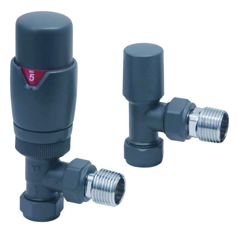 Scudo Designer angled thermostatic radiator valves twin pack, anthracite brass