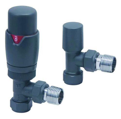 Scudo Designer angled thermostatic radiator valves twin pack, anthracite brass