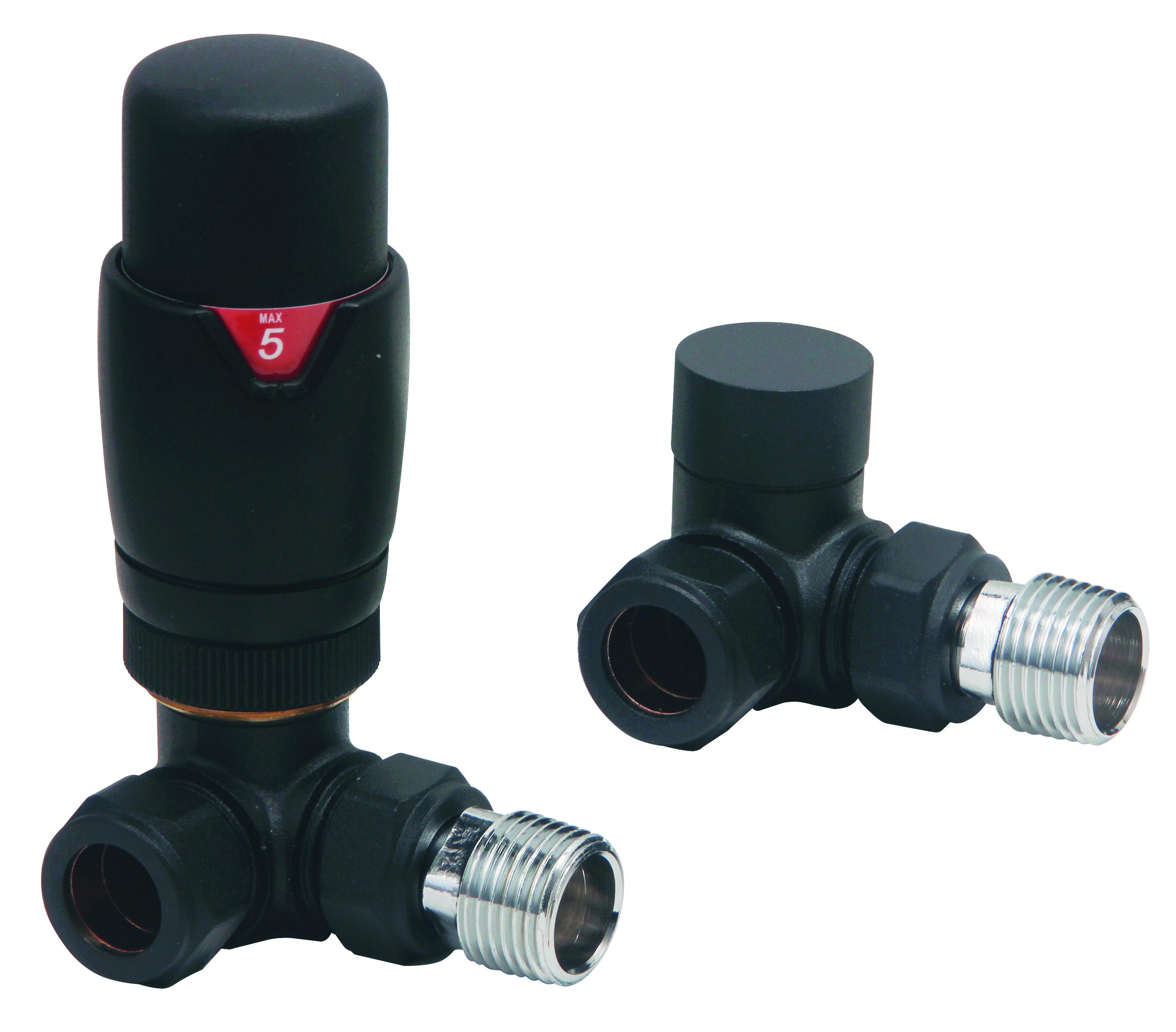 Scudo Designer black brass thermostatic corner radiator valve pair