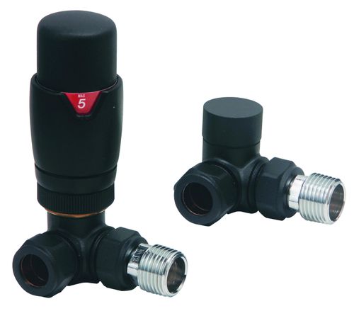 Scudo Designer black brass thermostatic corner radiator valve pair