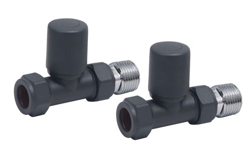 Scudo anthracite straight radiator valve pair, 15mm brass