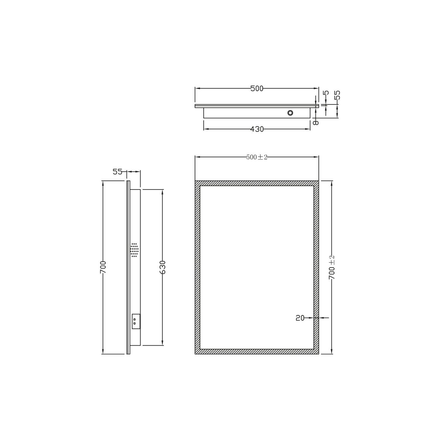 Scudo Mosca rectangular LED mirror 700mm x 500mm with demister pad, shaver socket, and Bluetooth