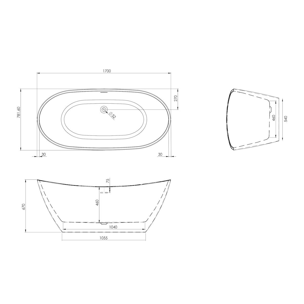 Scudo Arruba freestanding oval bath, 1700x800mm, 5mm Acrylic White