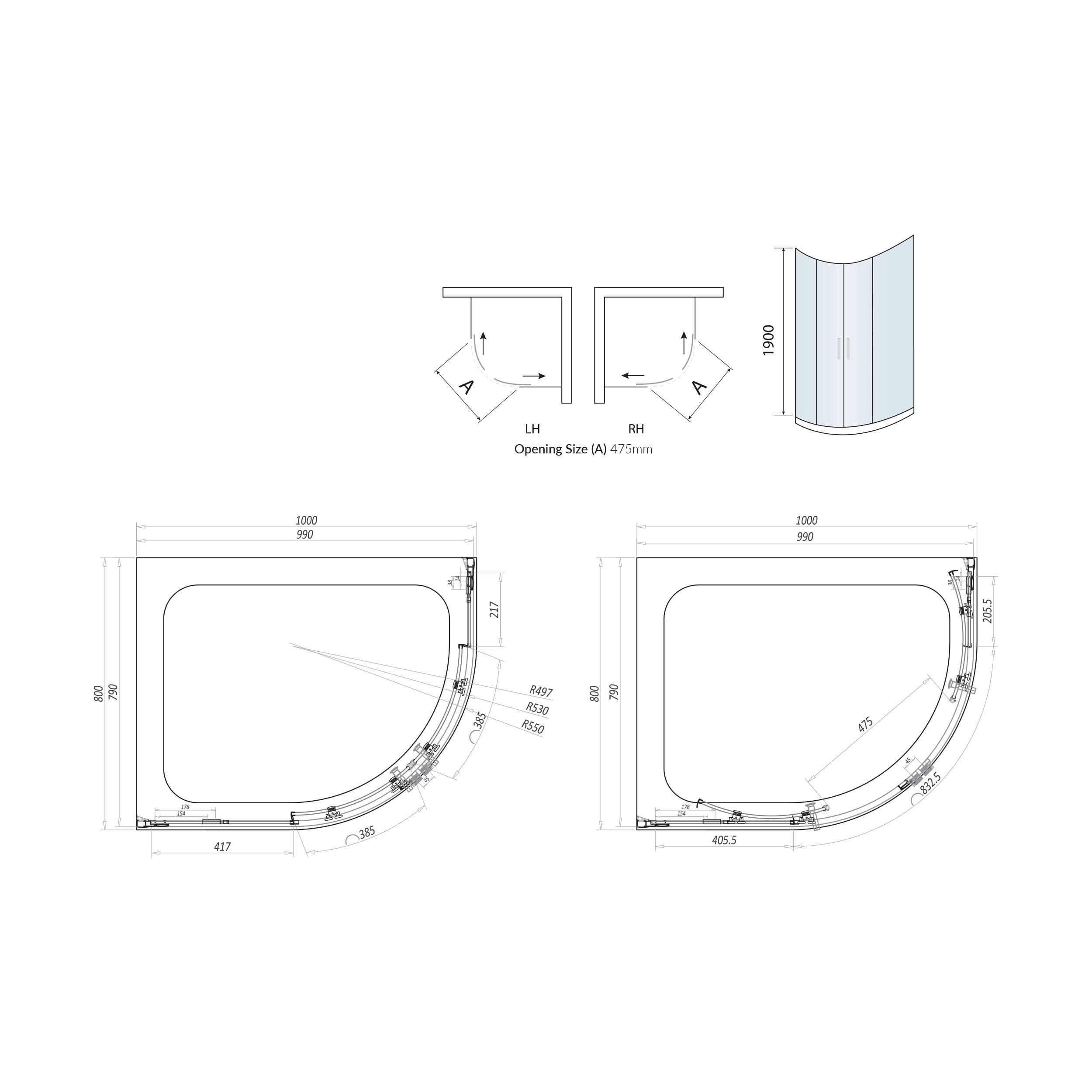 Scudo S8 double door quadrant shower enclosure, 1000x800mm, 8mm clear glass, chrome frame