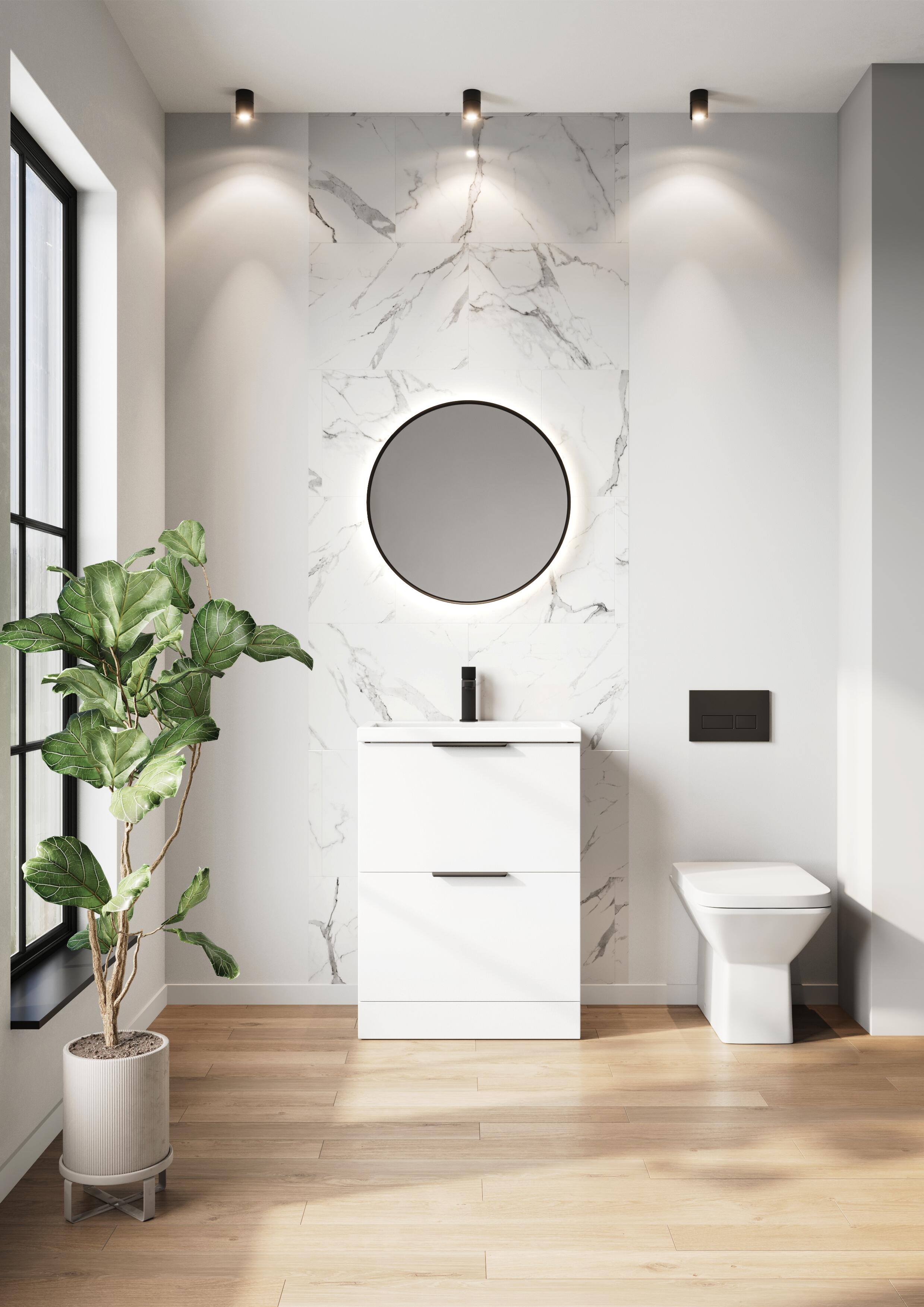 Scudo Muro PLUS 630mm freestanding basin unit, gloss white MFC with two soft-close drawers