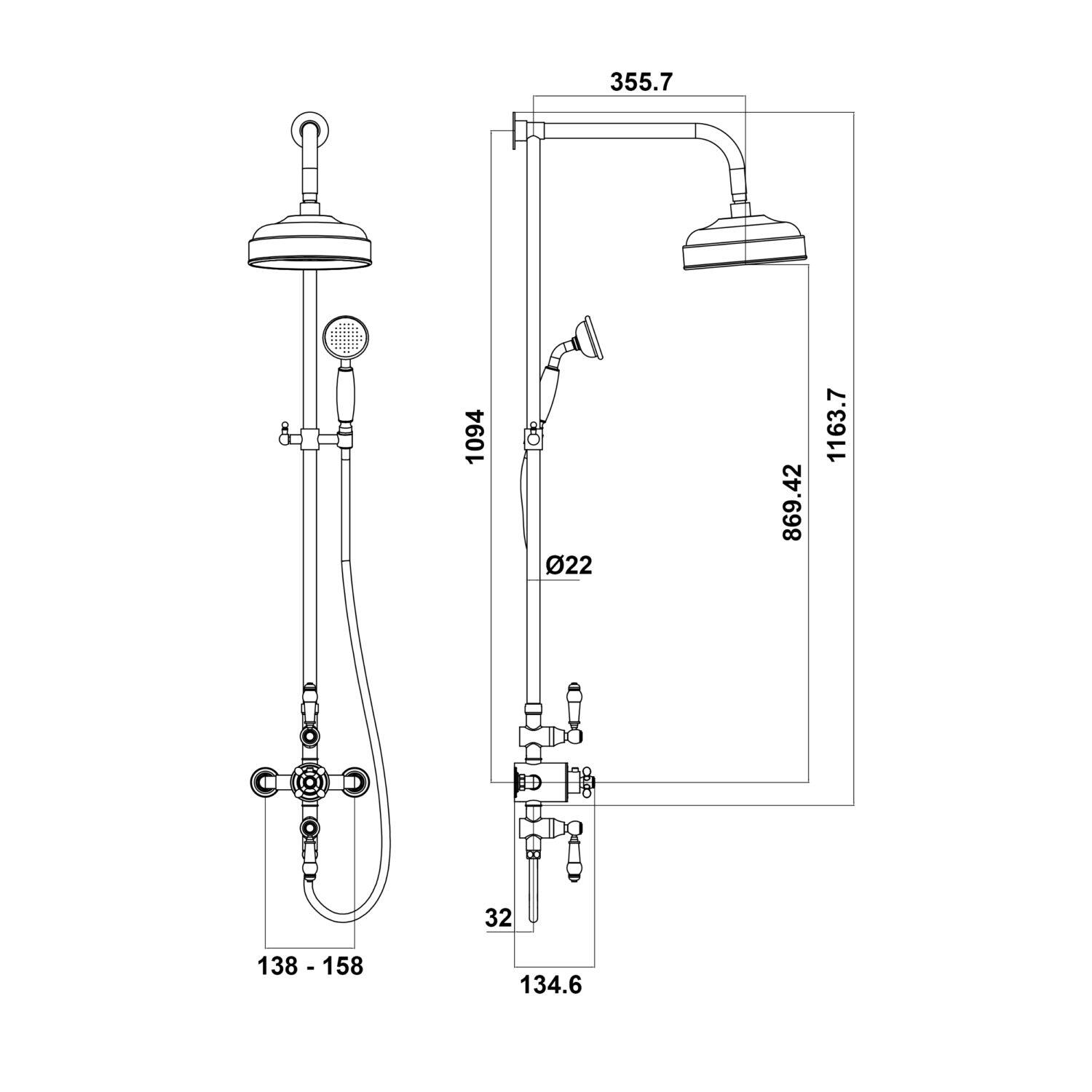 Scudo thermostatic exposed shower valve with fixed head and handset, chrome finish