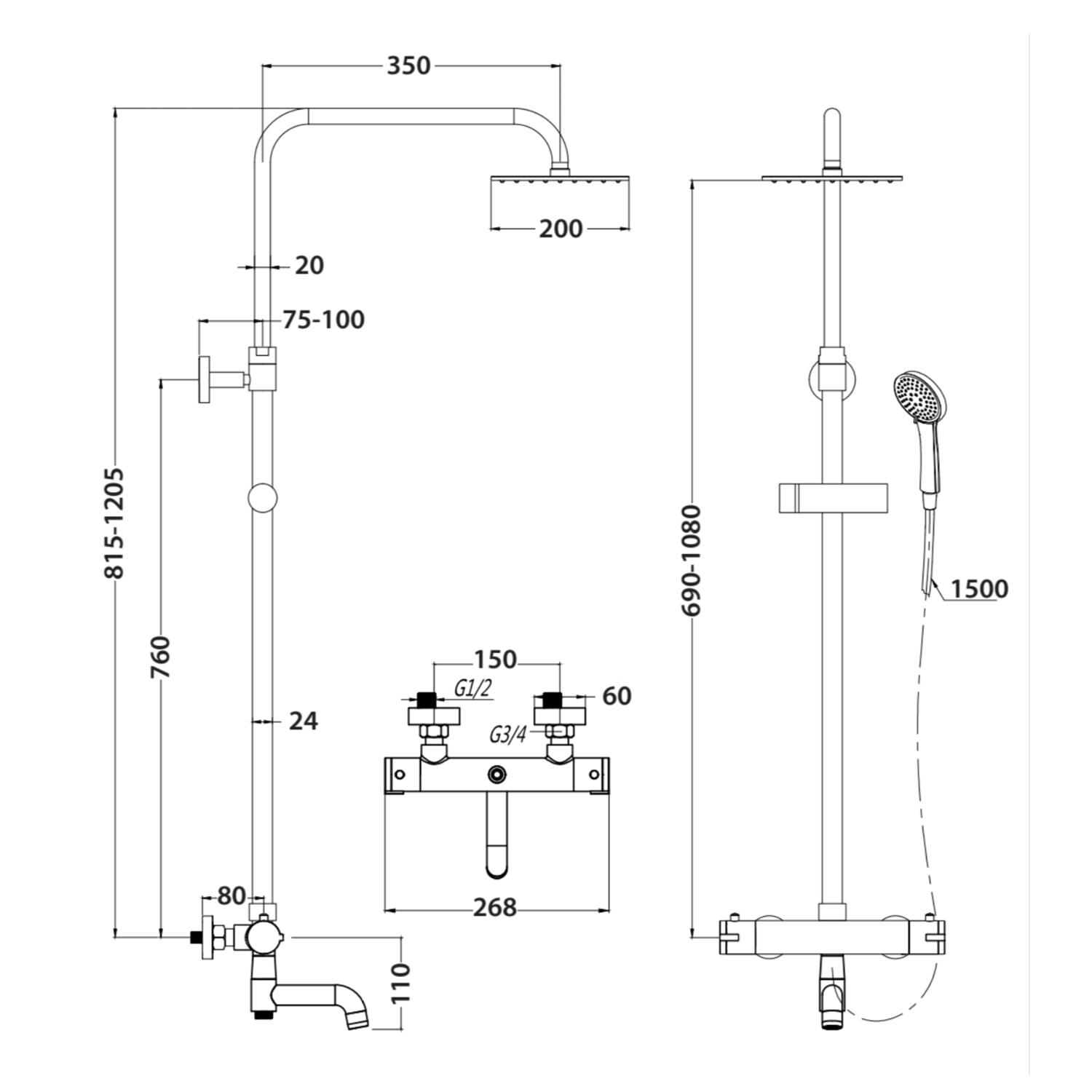 Scudo Solar round rigid riser shower with bath filler, chrome finish