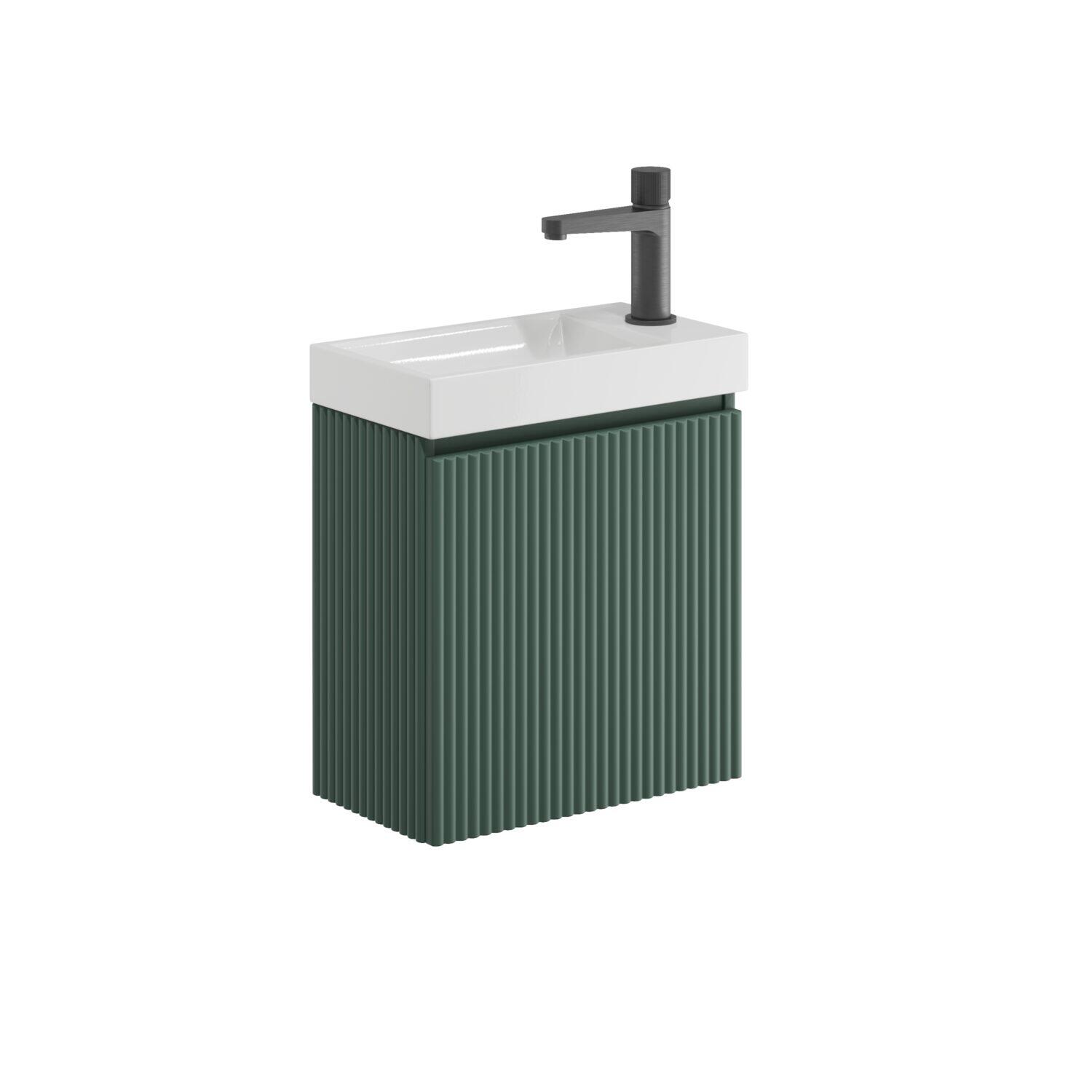 Scudo Linea Fluted Reed Green wall mounted cloakroom unit with ceramic basin, 394mm width