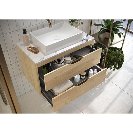 Scudo Aubrey 600mm wall hung vanity unit in Davos Oak, contemporary style, with matching worktop