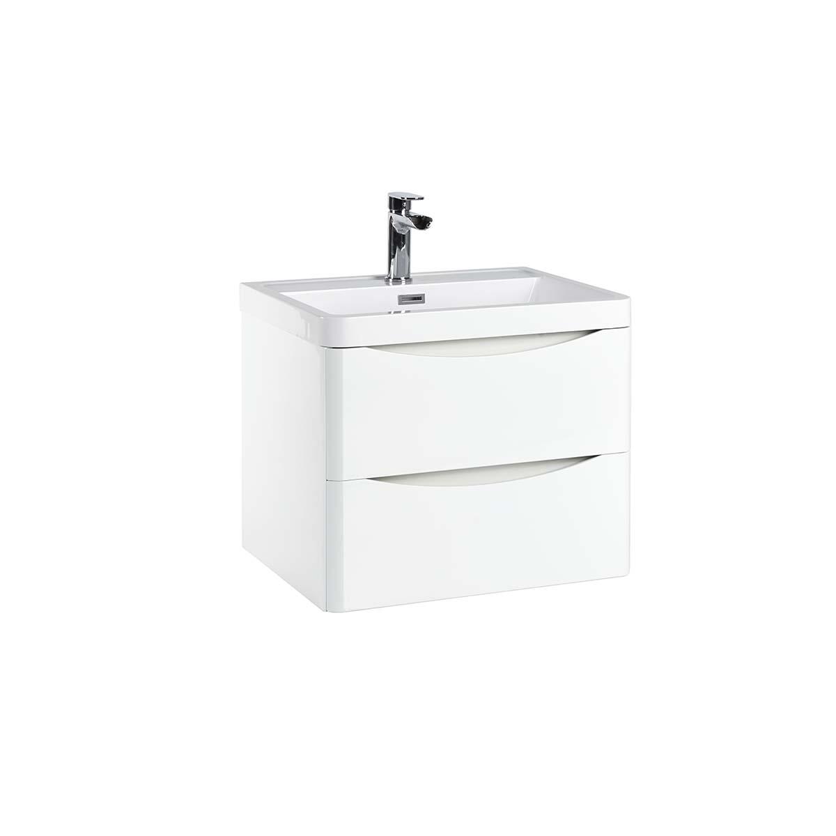 Scudo Bella 600mm Gloss White MFC Painted MDF wall mounted vanity unit with two soft-close drawers