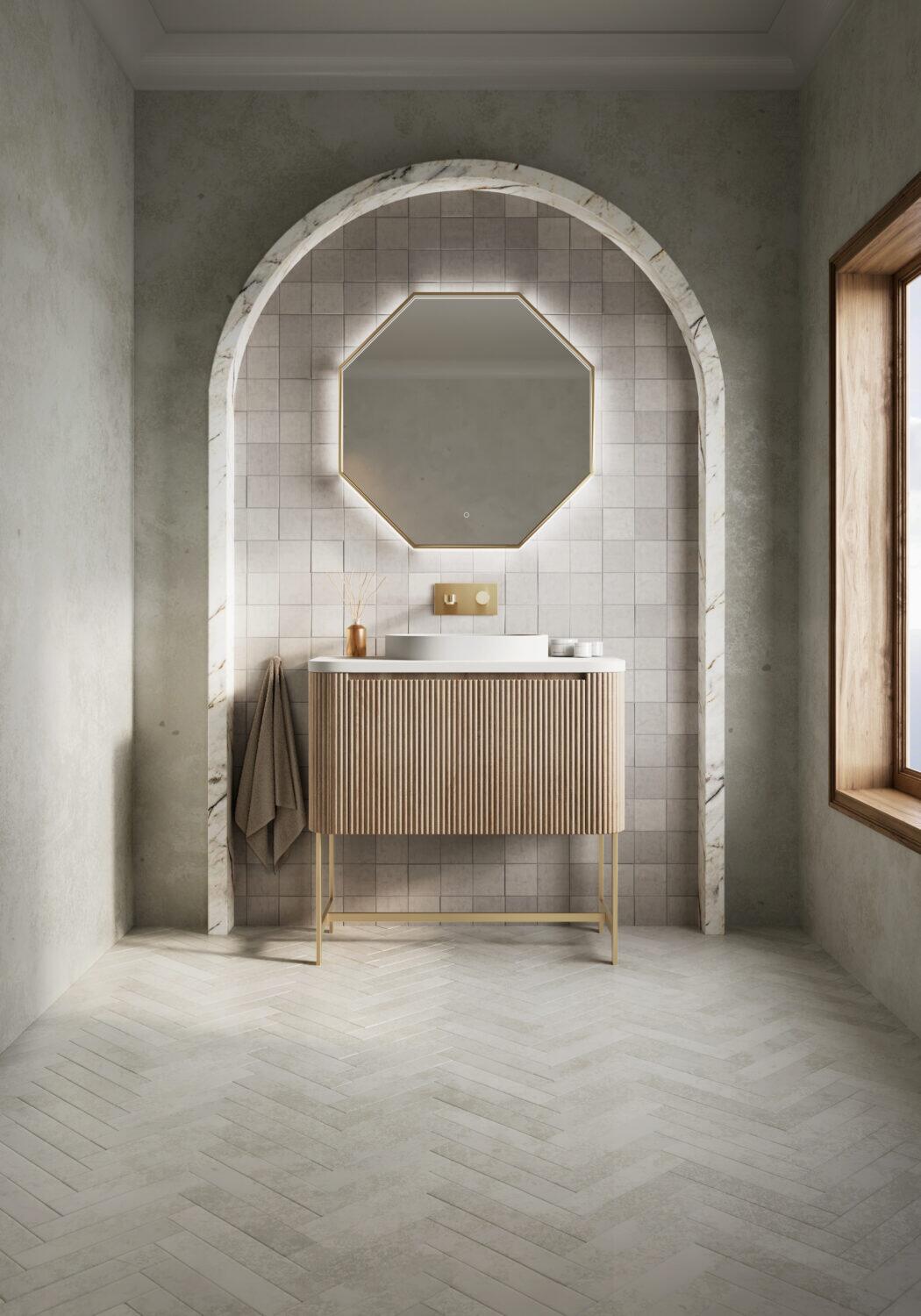 Scudo Linea wall hung vanity unit in Sonoma Oak finish, 890mm wide with single drawer