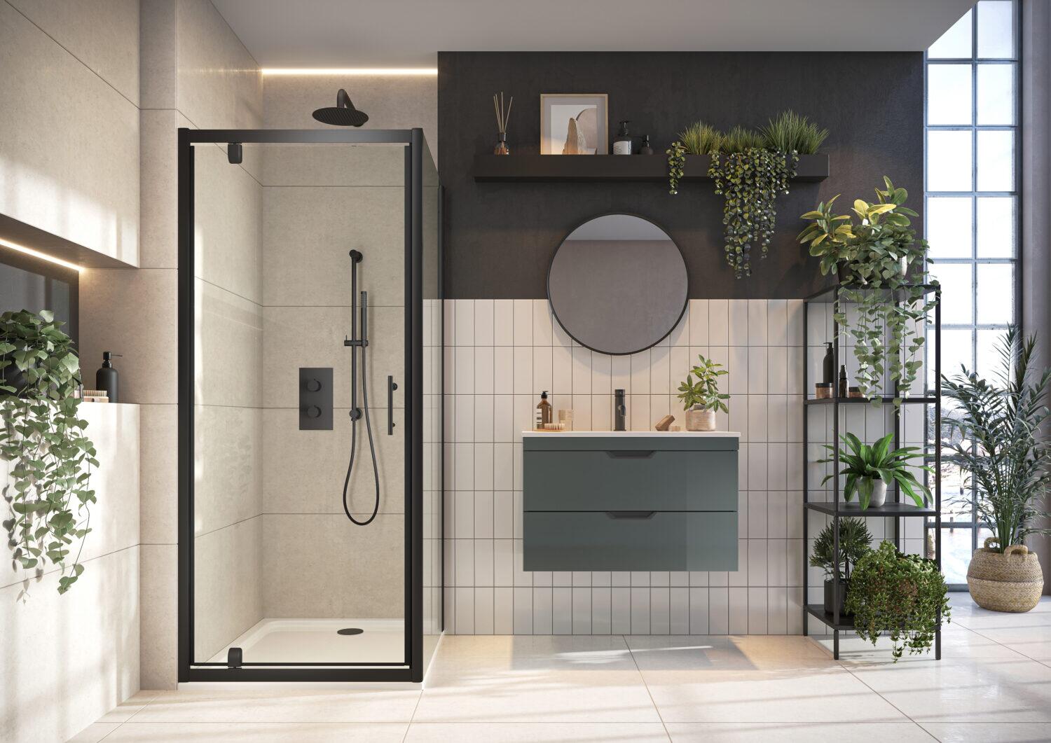 Scudo S6 800mm black frame pivot shower door with 6mm clear glass, 1850mm height