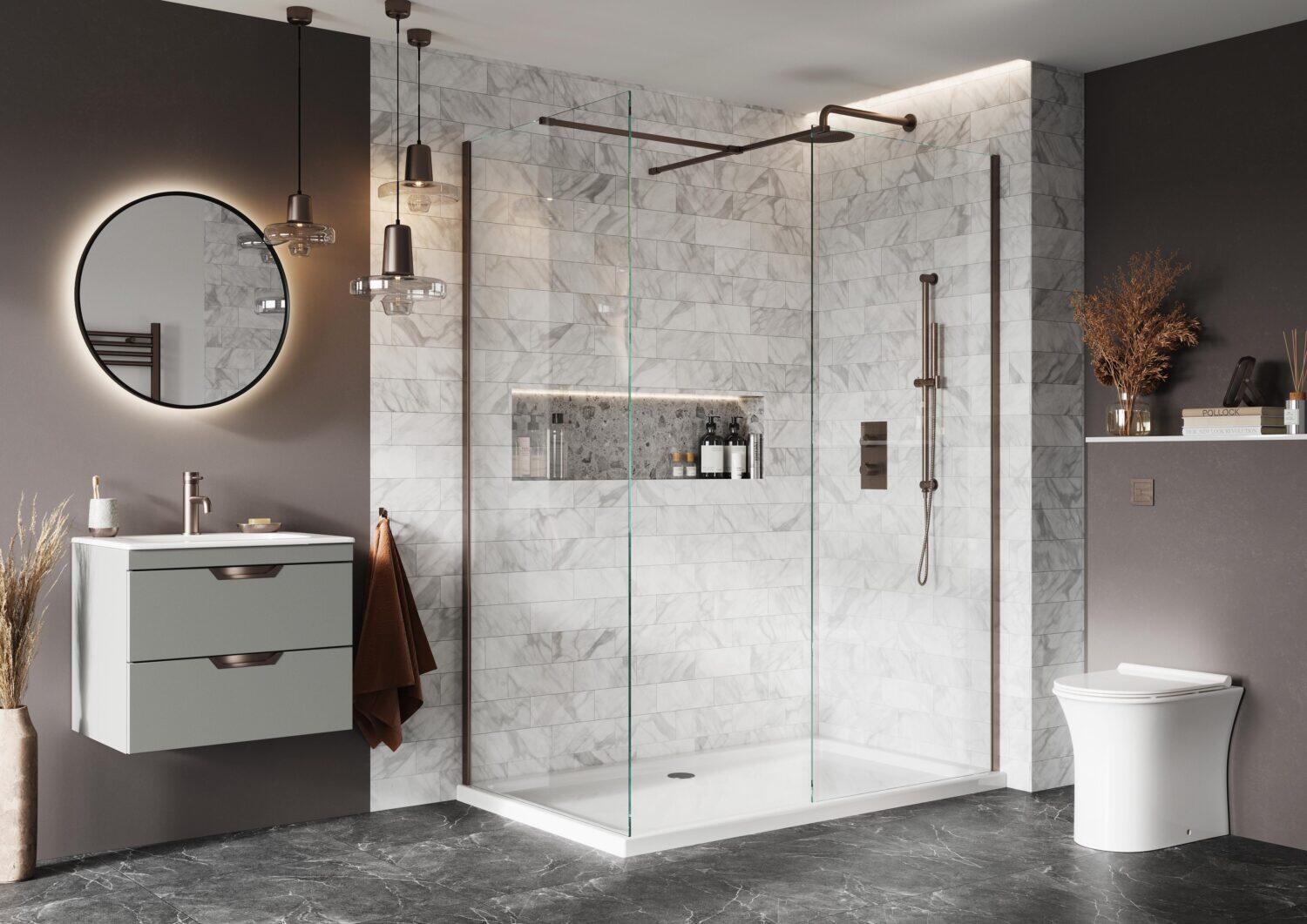 Scudo S8 wetroom panel profile pack in brushed bronze aluminium
