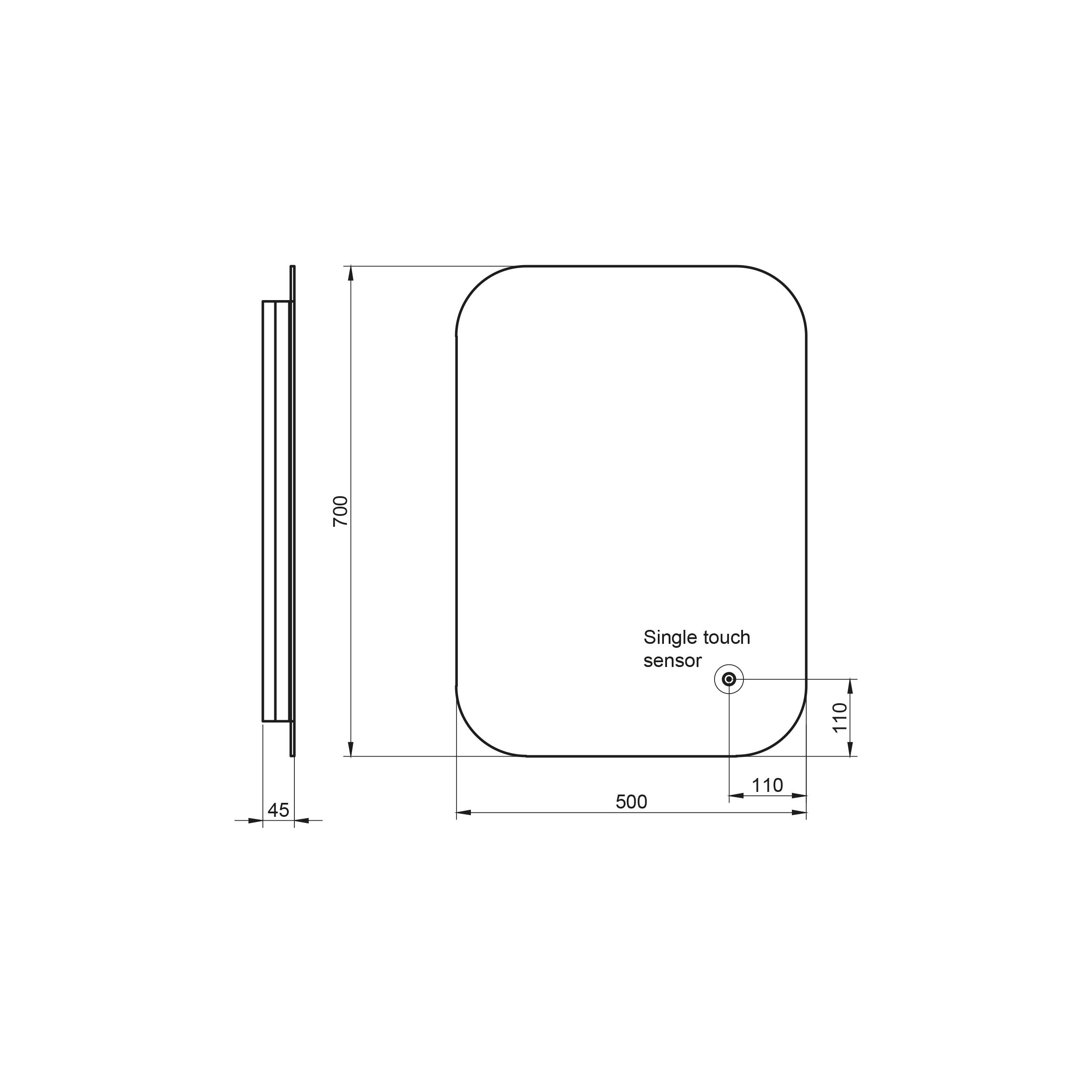 Scudo Aura rectangular LED mirror with demister pad and shaver socket, 500mm height, 700mm width