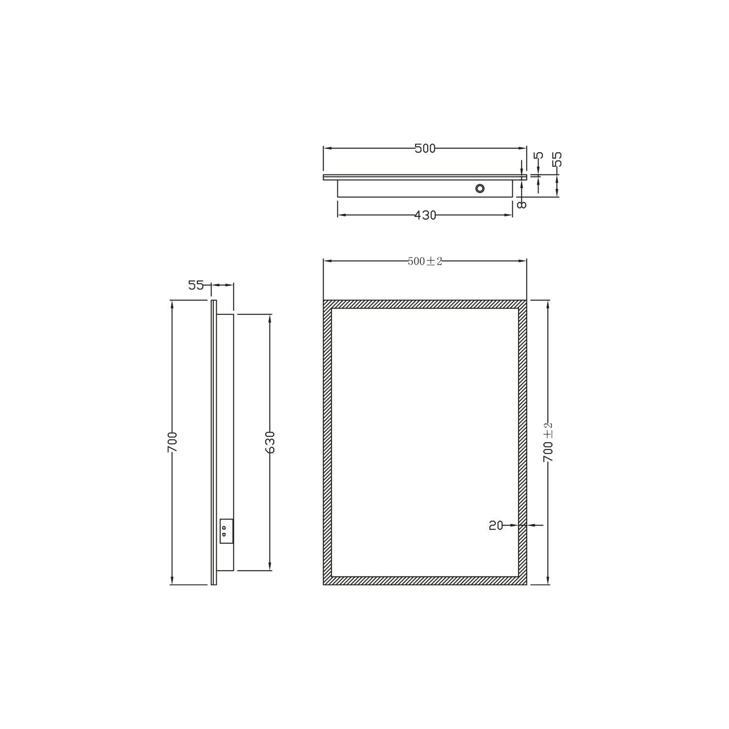 Scudo Mosca rectangular LED mirror, 500mm height x 700mm width, with demister pad and shaver socket