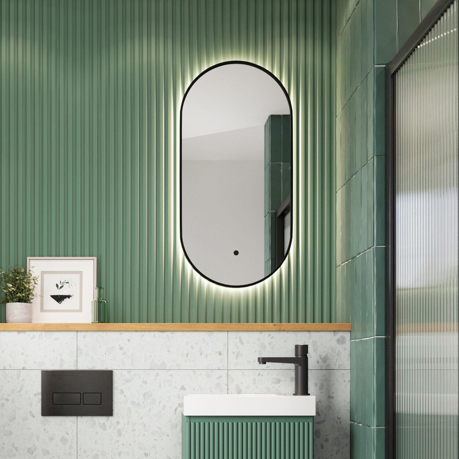 Scudo Aubrey oval LED cloakroom mirror, 400x800mm, matt black aluminium frame