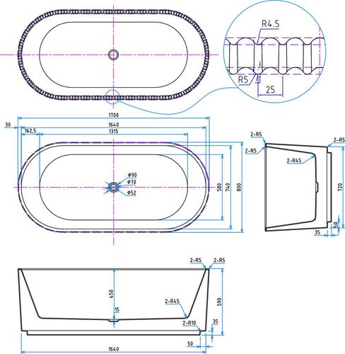 Scudo Labyrinth white acrylic fluted oval freestanding bath, 1700mm x 800mm