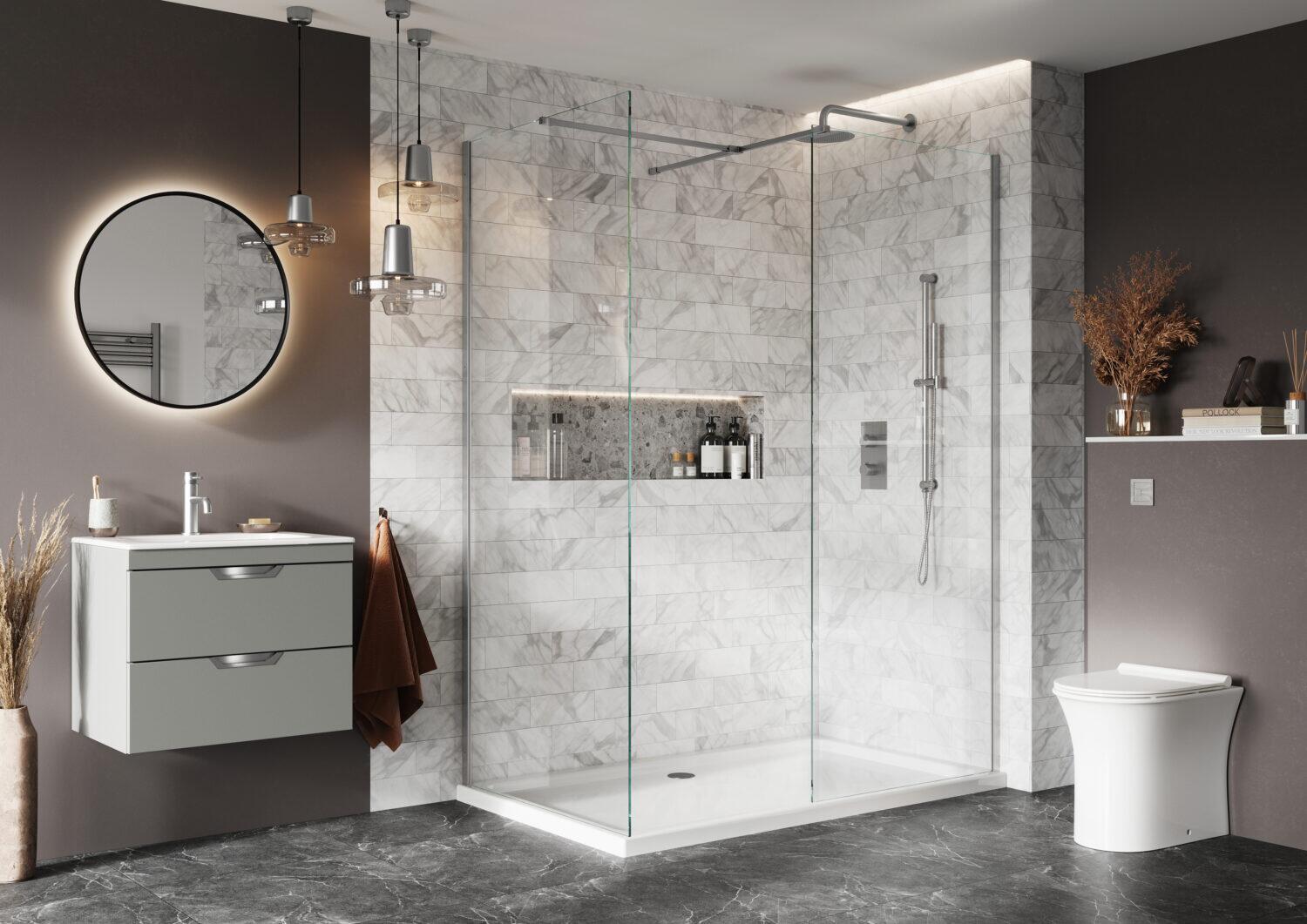 Scudo S8 flipper shower panel with brushed nickel frame and clear glass, 2000mm high, 275mm wide