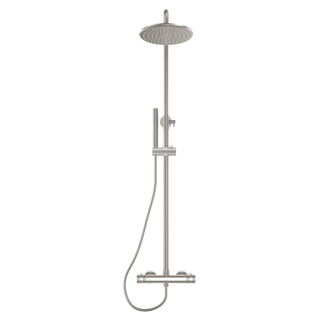 Scudo Core round rigid riser bar valve shower in brushed nickel finish
