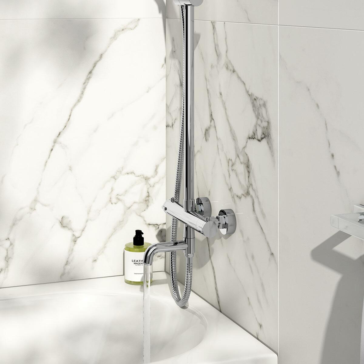 Scudo Solar round rigid riser shower with bath filler, chrome finish
