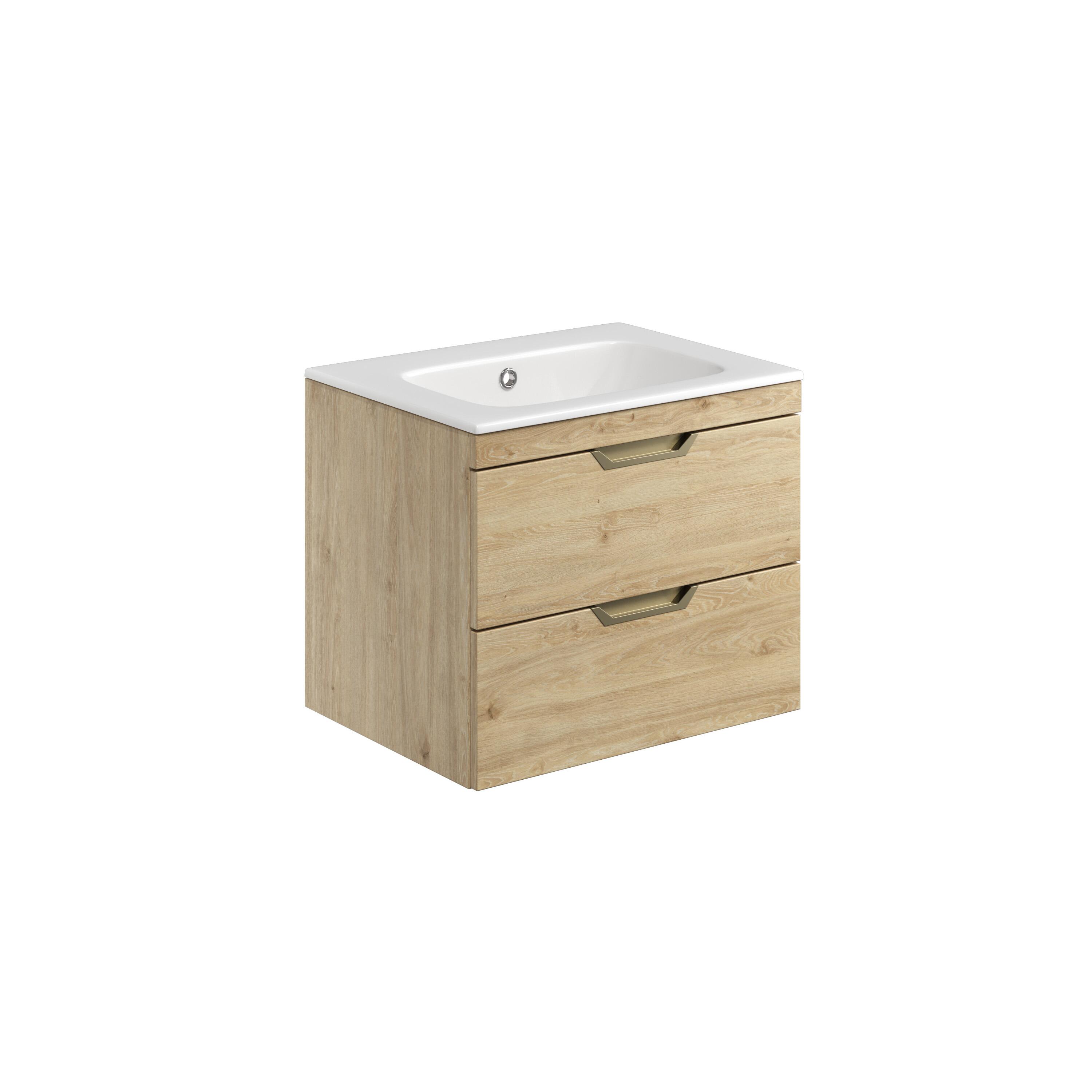 Scudo Aubrey 600mm wall hung vanity unit in Davos Oak, contemporary style, with matching worktop