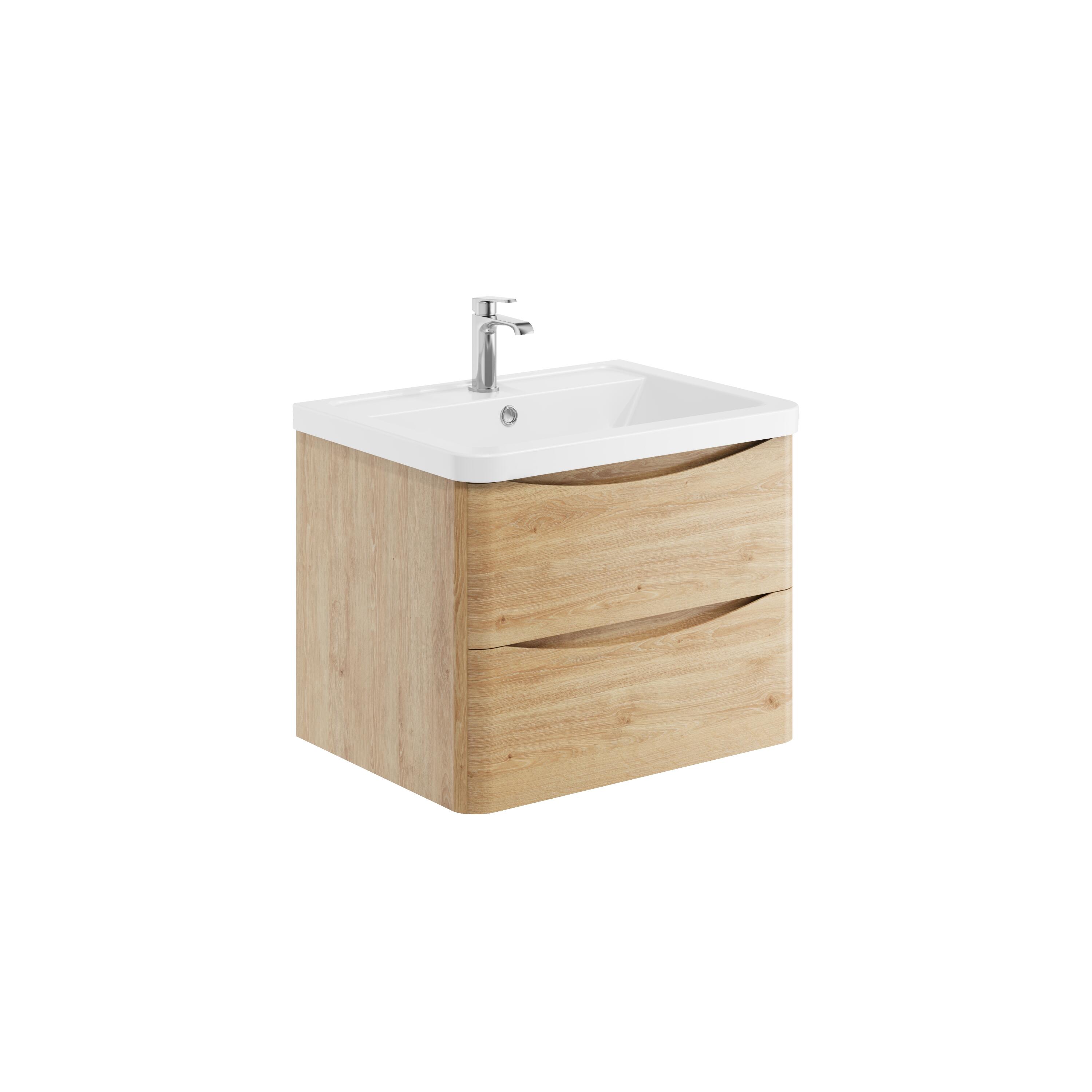 Scudo Bella wall mounted vanity unit in Davos Oak wood effect finish, 600mm wide with 2 drawers