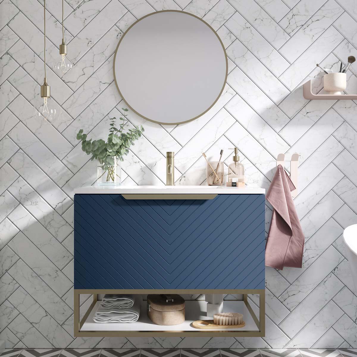 Scudo Chevron blue painted MDF wall hung vanity unit, 790mm wide, contemporary style