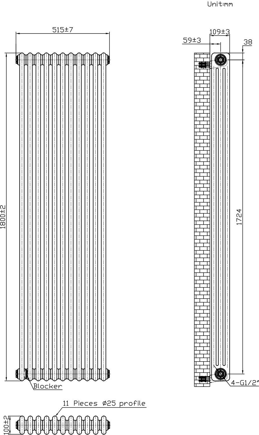 Scudo Column white vertical designer radiator, 3 column design, 1800mm height