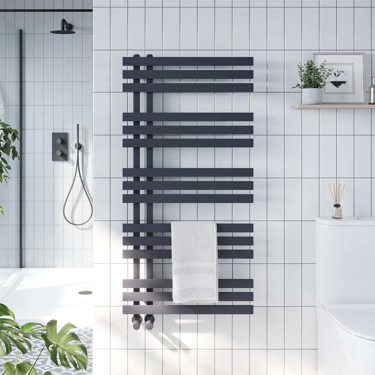 Scudo Elizabeth anthracite steel towel warmer, 1200mm height, 500mm width, vertical rail design