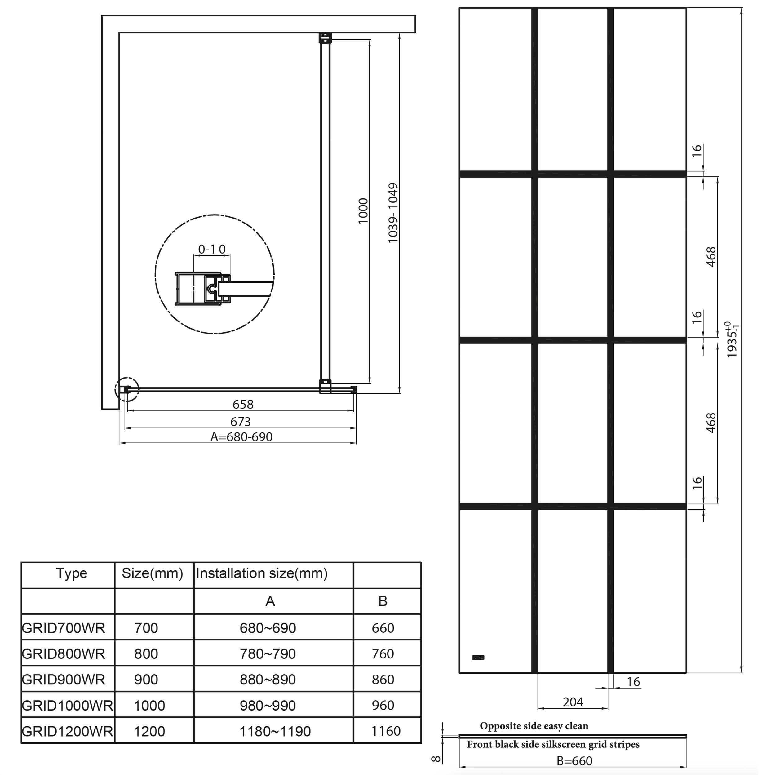 Scudo S8 700mm x 2000mm Matt Black grid wetroom panel with clear glass