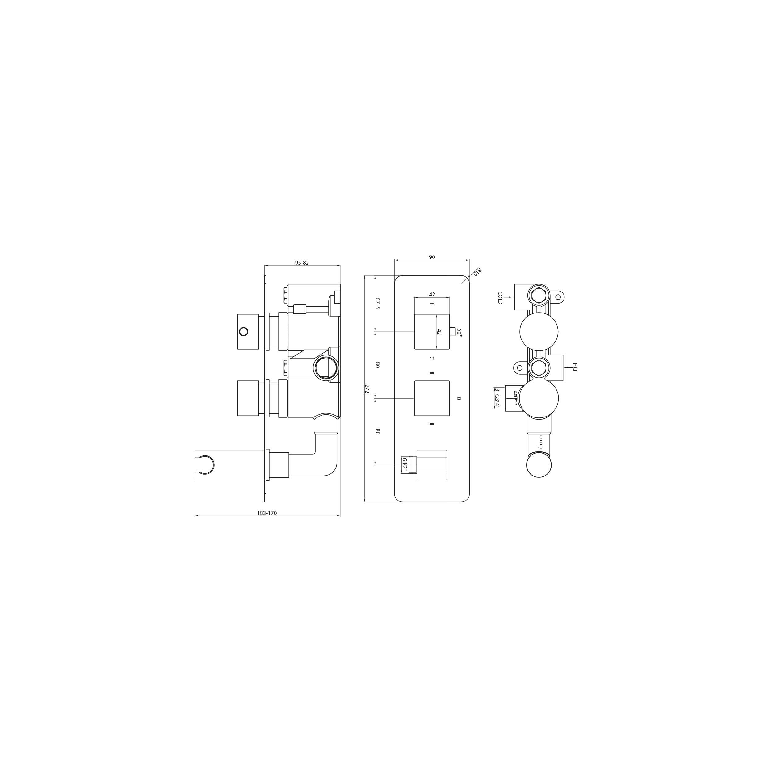 Scudo Square Concealed Shower Valve with Diverter, Brass and Chrome finish