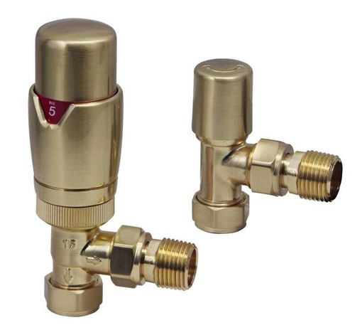 Scudo Designer Angled Thermostatic Radiator Valve Twin Pack, Brushed Brass finish