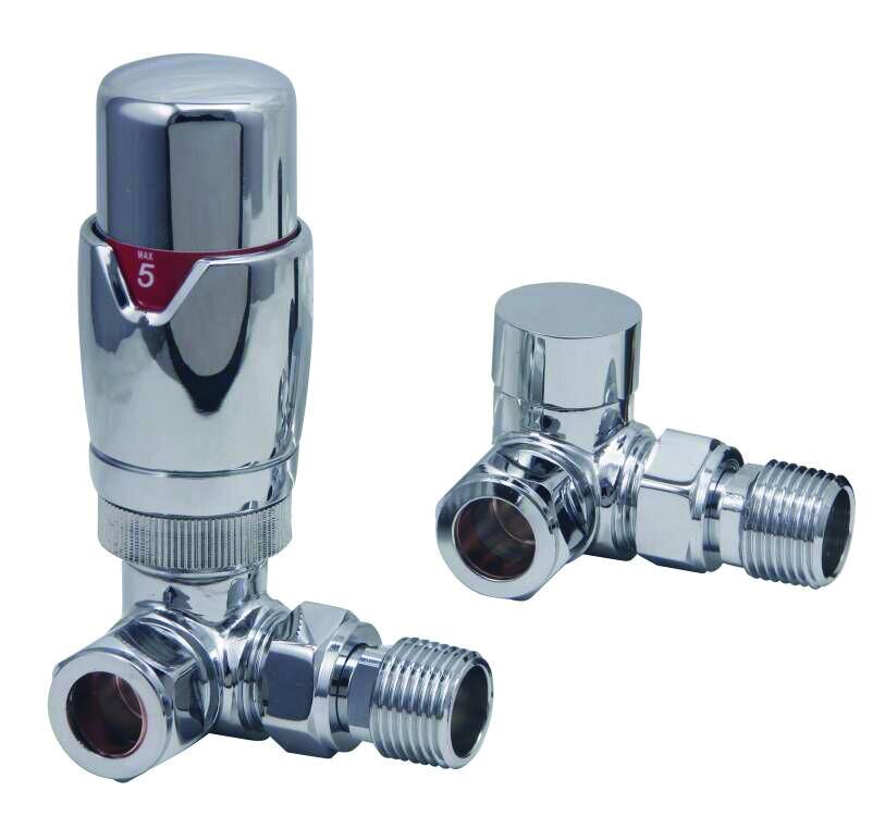 Scudo Designer thermostatic radiator valves, twin pack, corner, chrome finish, brass