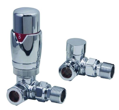 Scudo Designer thermostatic radiator valves, twin pack, corner, chrome finish, brass