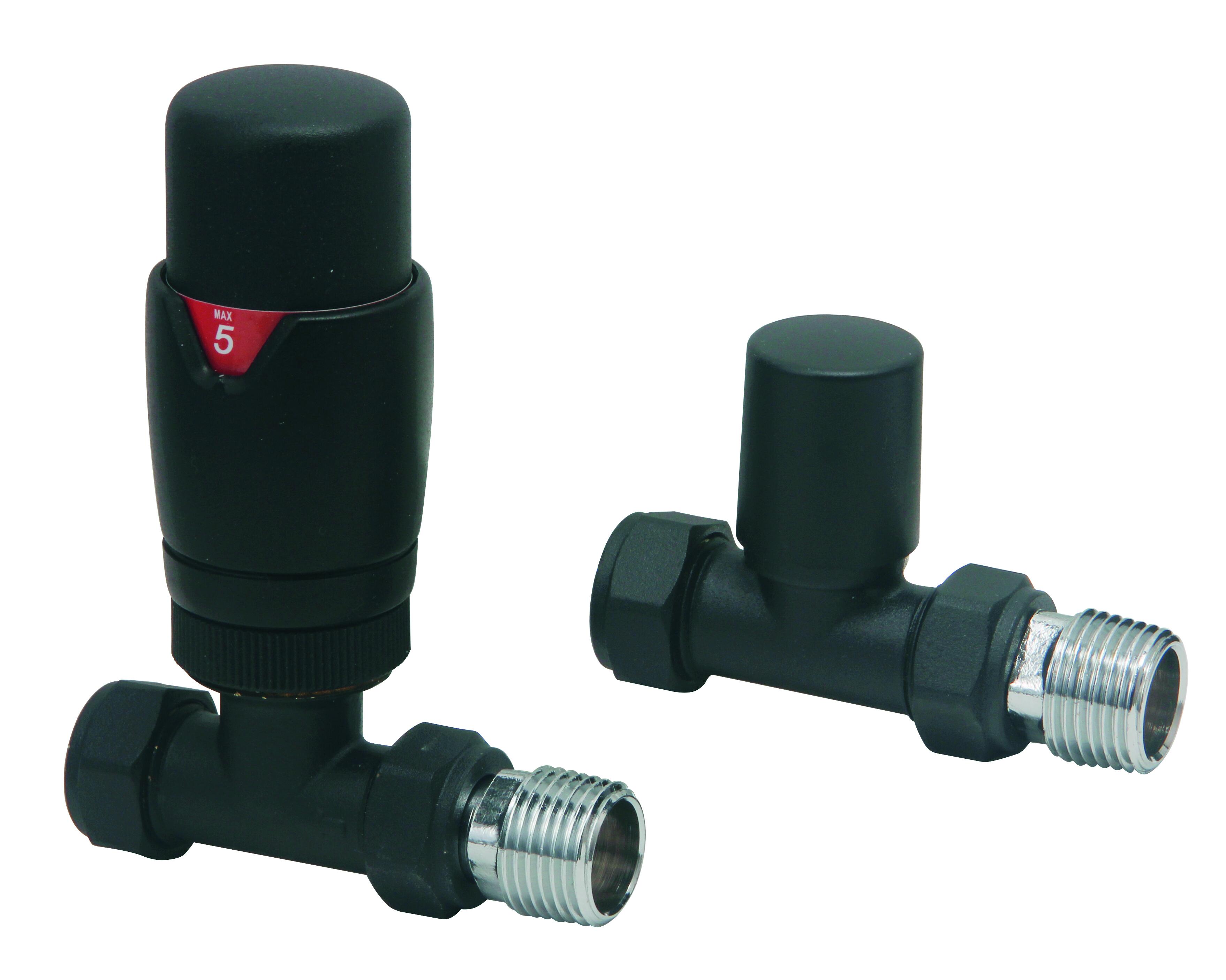 Scudo Designer black brass straight thermostatic radiator valves twin pack
