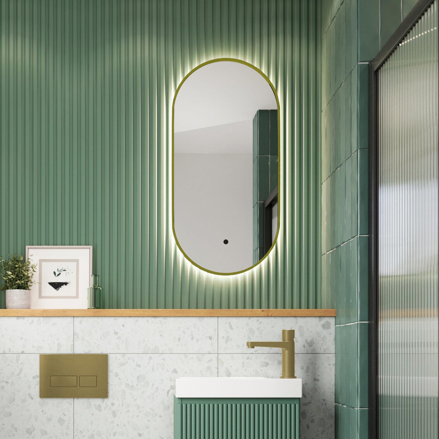 Scudo Aubrey oval LED cloakroom mirror 400x800mm with brushed brass frame