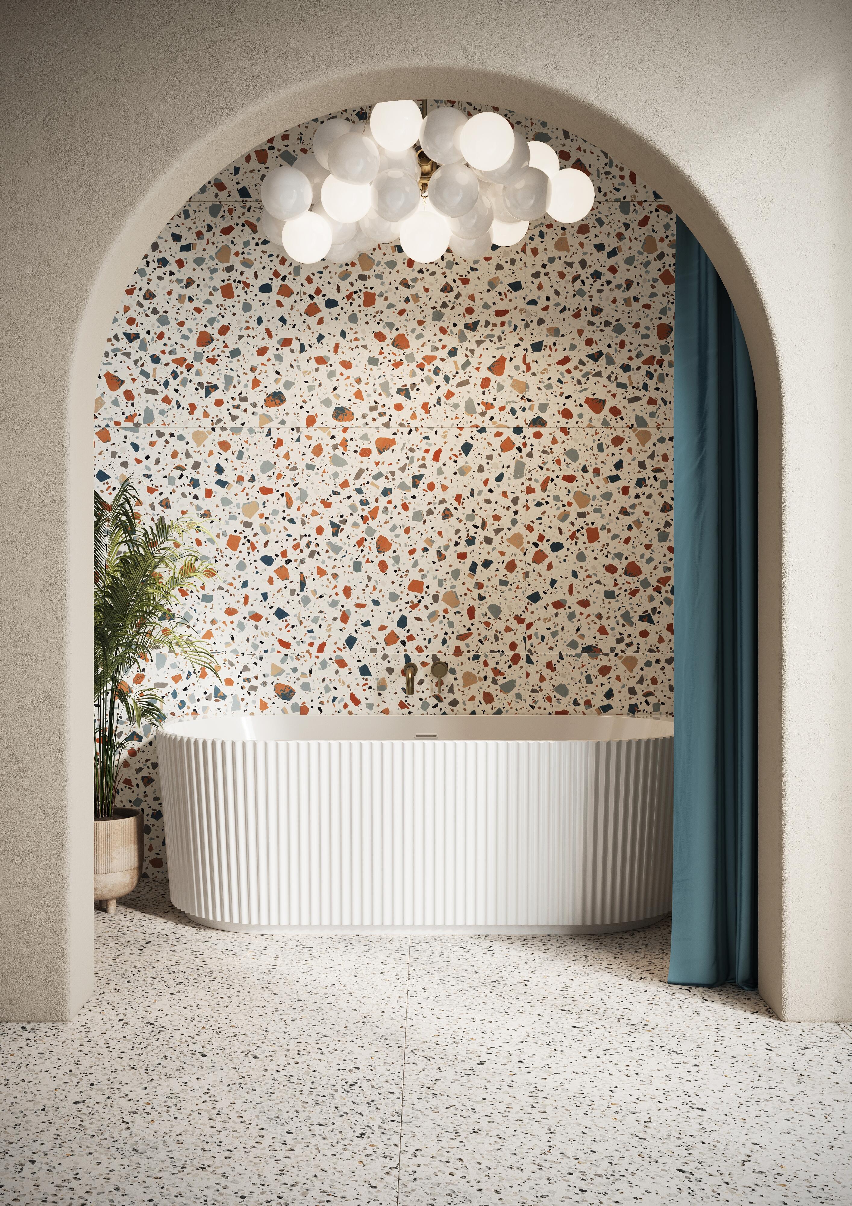 Scudo Labyrinth fluted D-shape back to wall bath, white acrylic, 1700mm x 800mm
