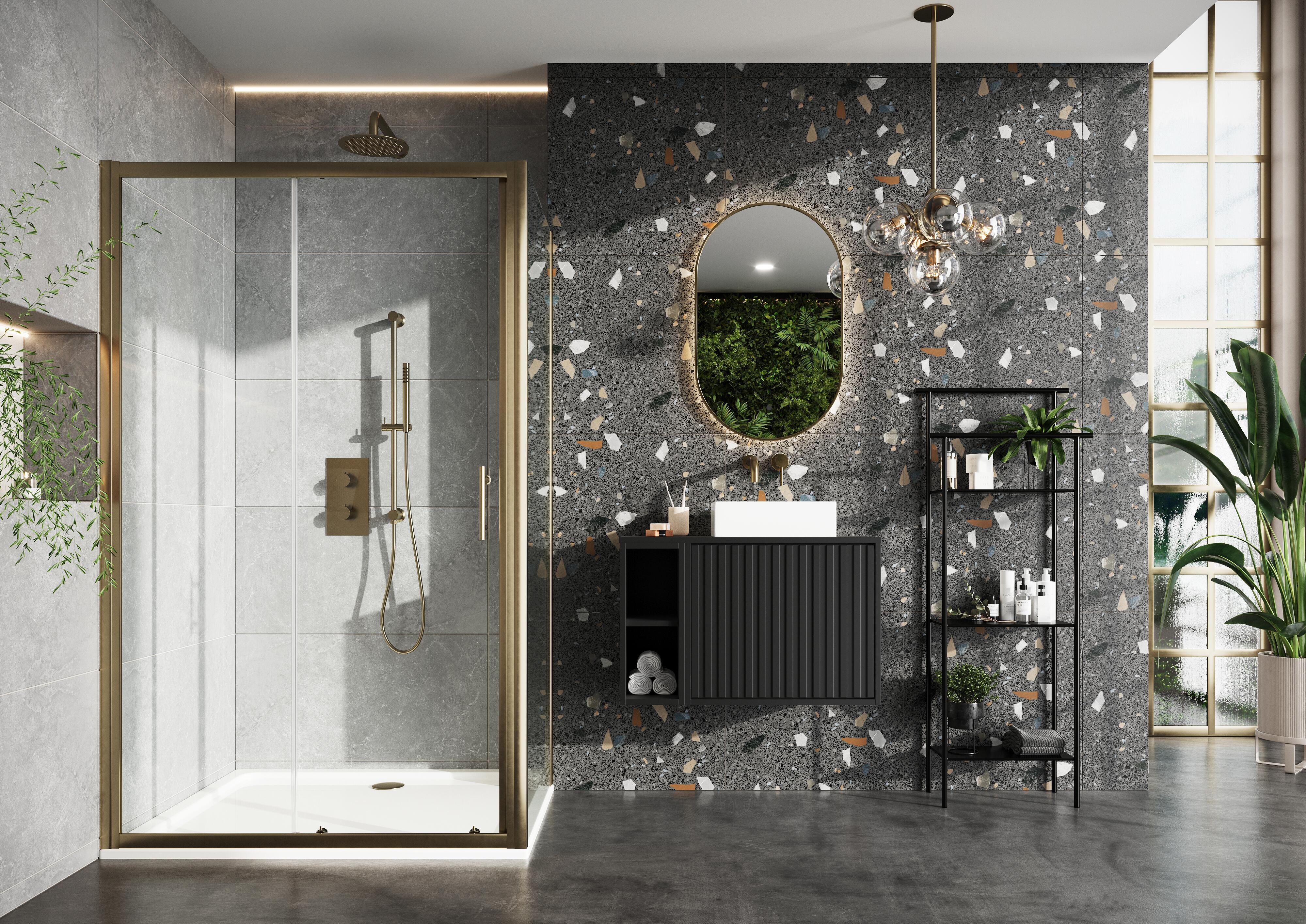 Scudo S6 brushed brass sliding shower door with 6mm clear glass, 990mm wide x 1900mm high